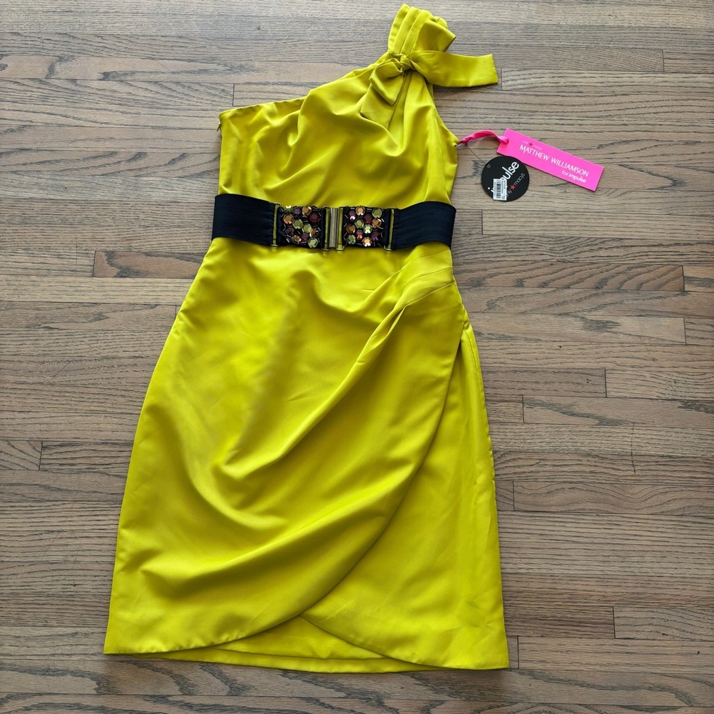 Matthew Williamson for Impulse Macy's Yellow One Shoulder Jeweled Belt Dress NWT